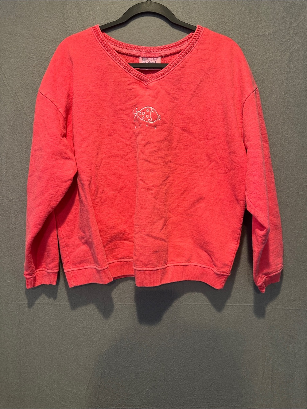 fresh produce Coral Pink V-neck Pullover Sweater with Fish Embroidery